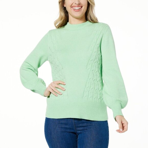 DG2 Diane Gilman SoftEase Cable Knit Puff Sleeve Sweater Plus Size 1X Mint Green - Picture 1 of 6